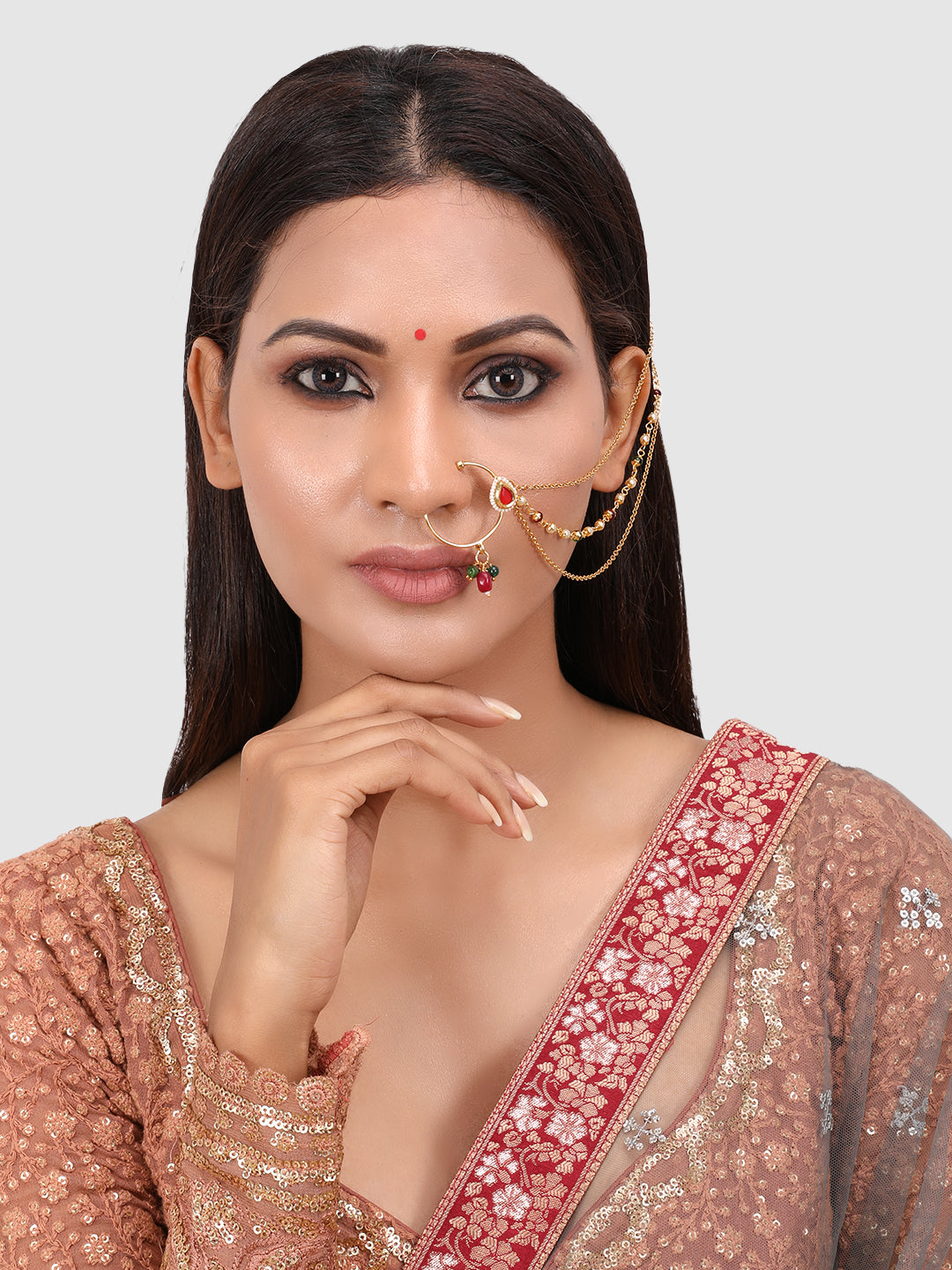 Gold-Plated White & Red Stone-Studded & Pearl Beaded Handcrafted Nosepin