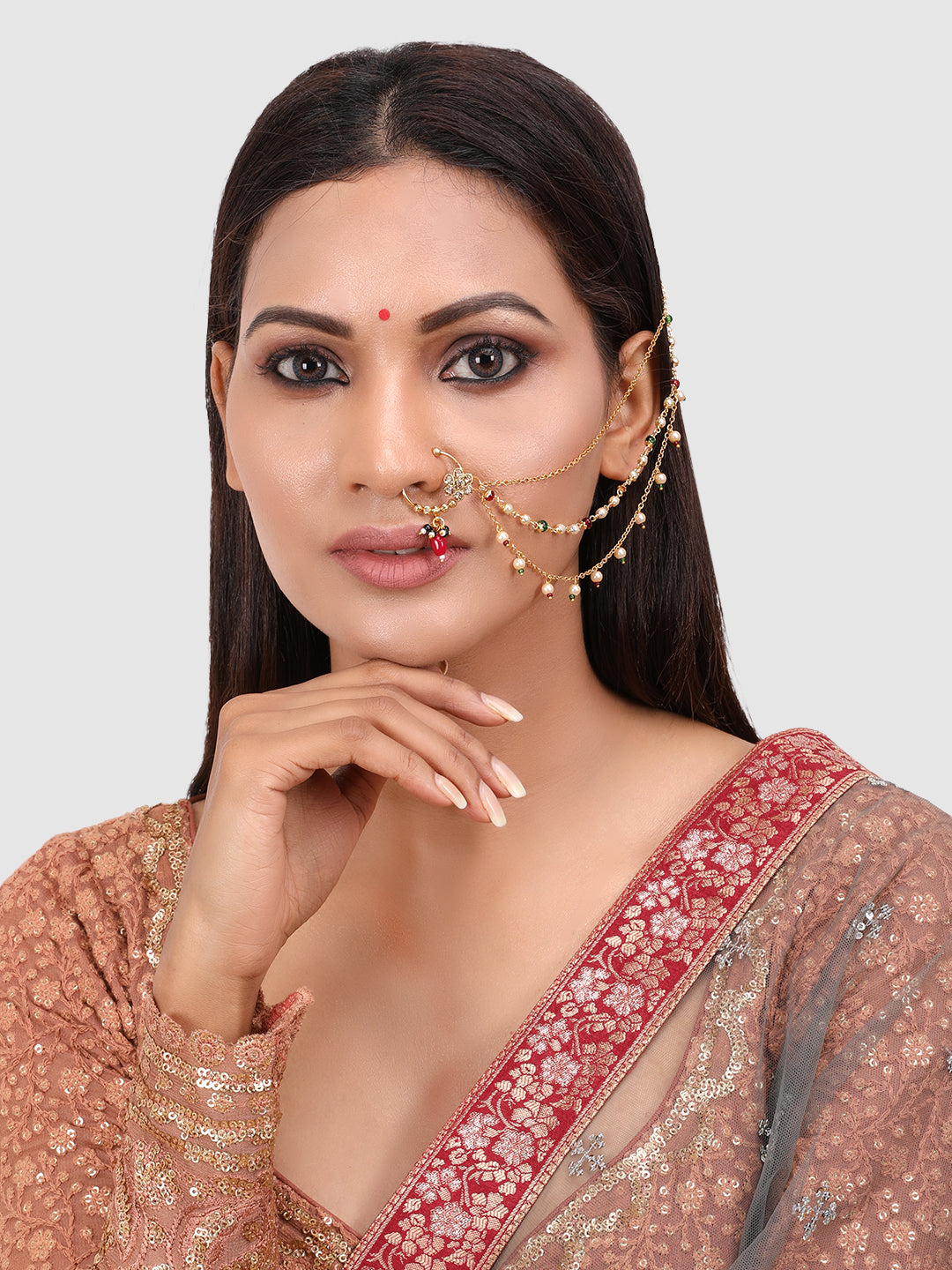 Gold-Plated Handcrafted Stone Pearl-Studded Chained Nose Ring