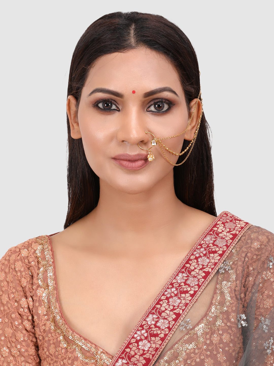 Women Gold Toned Kundan Stone Studded Clip-On Nosepin