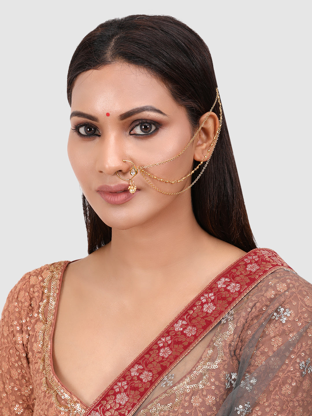 Women Gold Toned Kundan Stone Studded Clip-On Nosepin