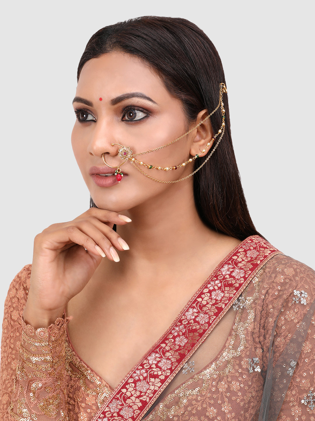 Gold-Plated Green & Red Kundan Stone-Studded & Beaded Nosering