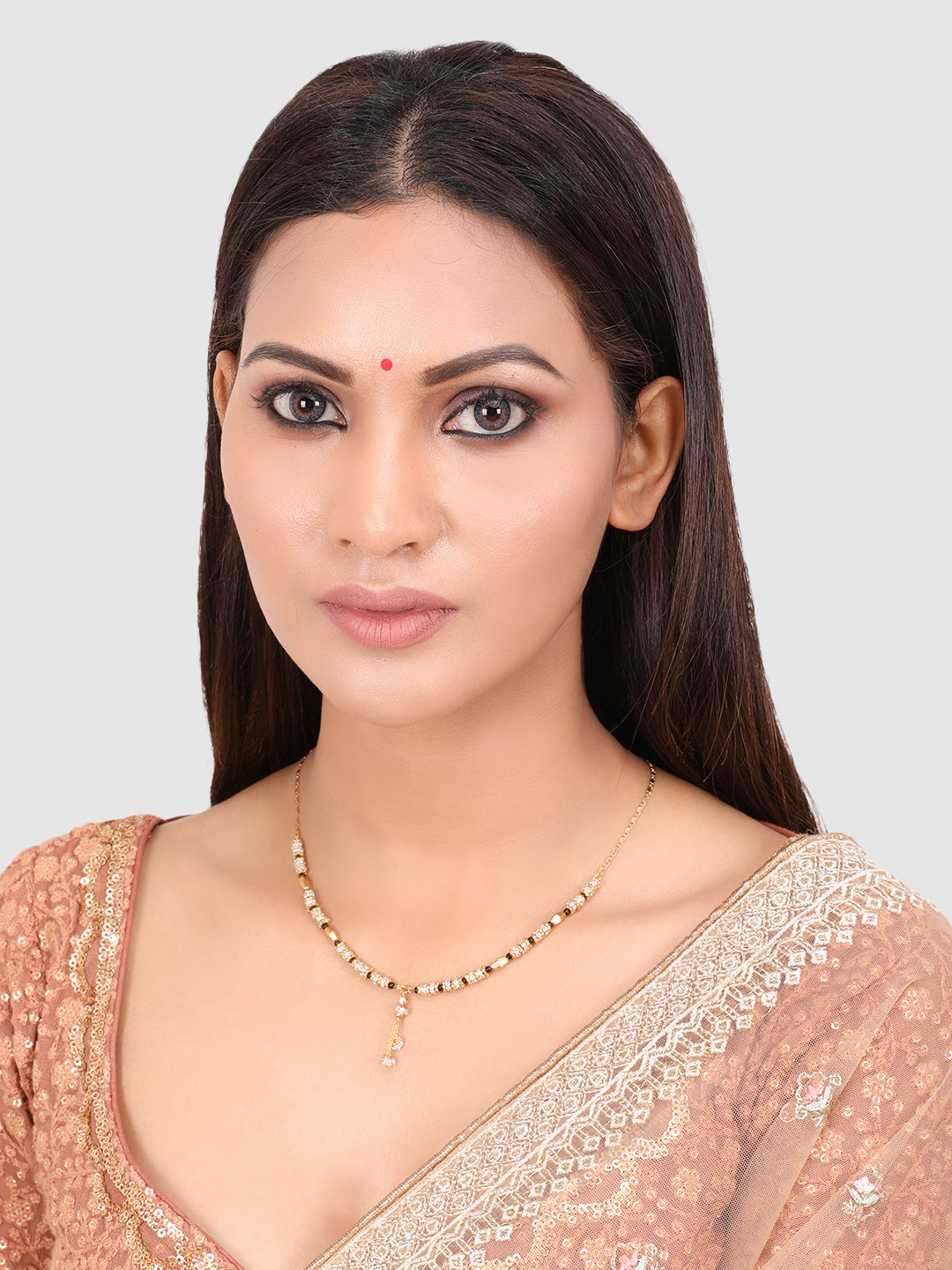 Gold Plated White AD Studded & Black Beaded Mangalsutra