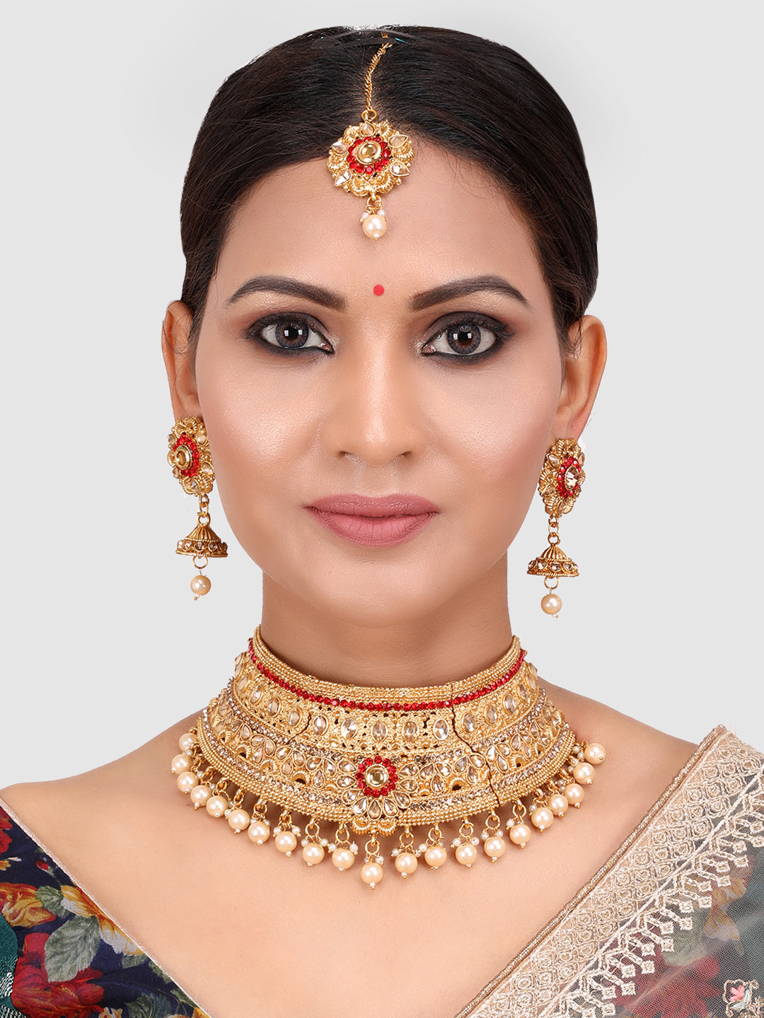 Red & Gold Toned Gold Plated Bridal Kundan Studded Choker Set