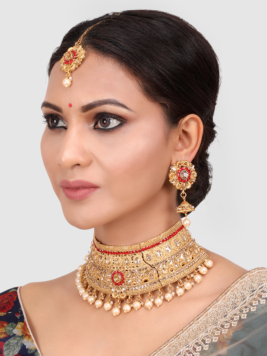 Red & Gold Toned Gold Plated Bridal Kundan Studded Choker Set