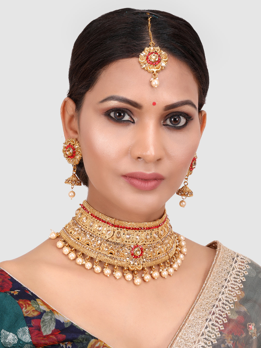 Red & Gold Toned Gold Plated Bridal Kundan Studded Choker Set