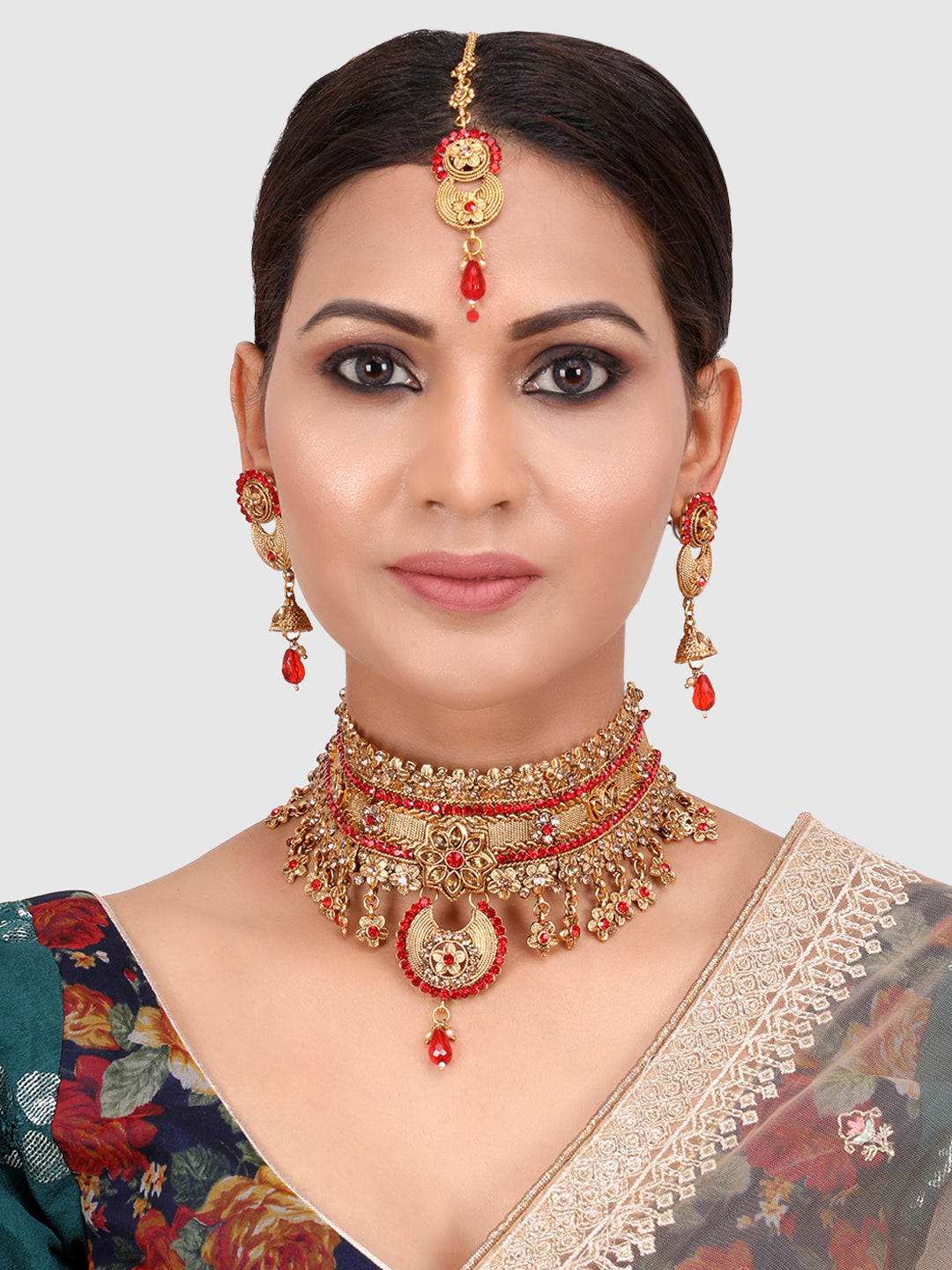 Gold-Plated & Red Stone Studded Choker Set