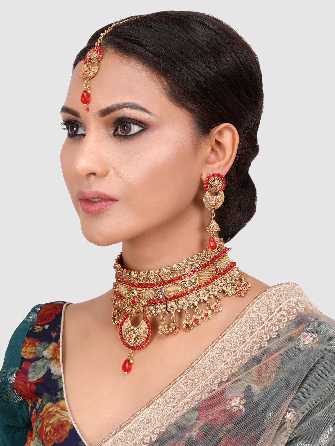 Gold-Plated & Red Stone Studded Choker Set