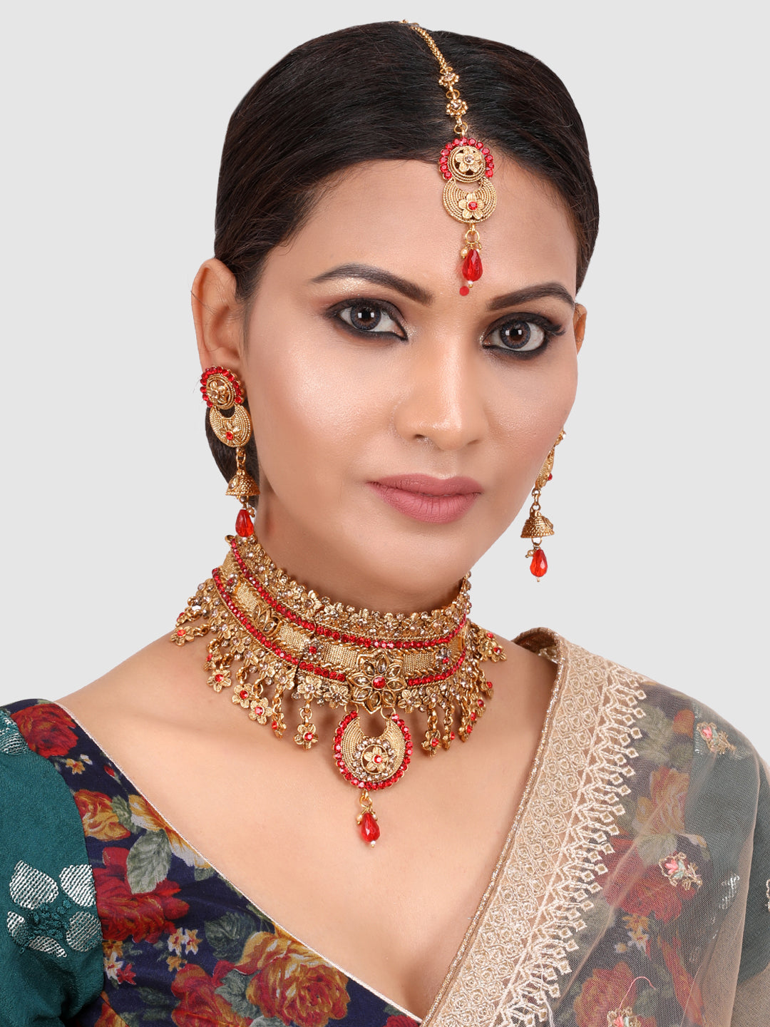 Gold-Plated & Red Stone Studded Choker Set