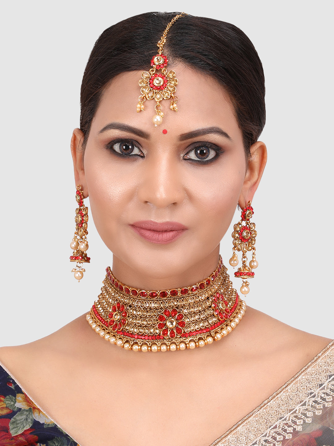 Gold-Plated Beige & Red Kundan-Studded & Beaded Jewellery Set