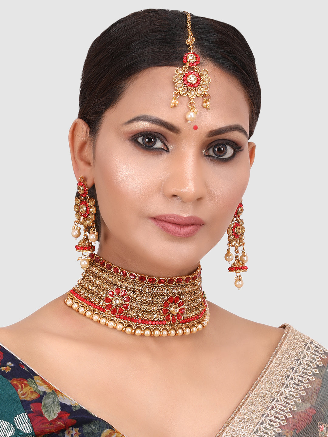Gold-Plated Beige & Red Kundan-Studded & Beaded Jewellery Set