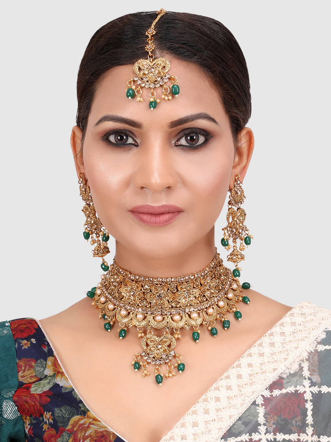 PENNY JEWELS Gold Plated Bridal Green Beads Choker with Designer Jhumka & Maangtika