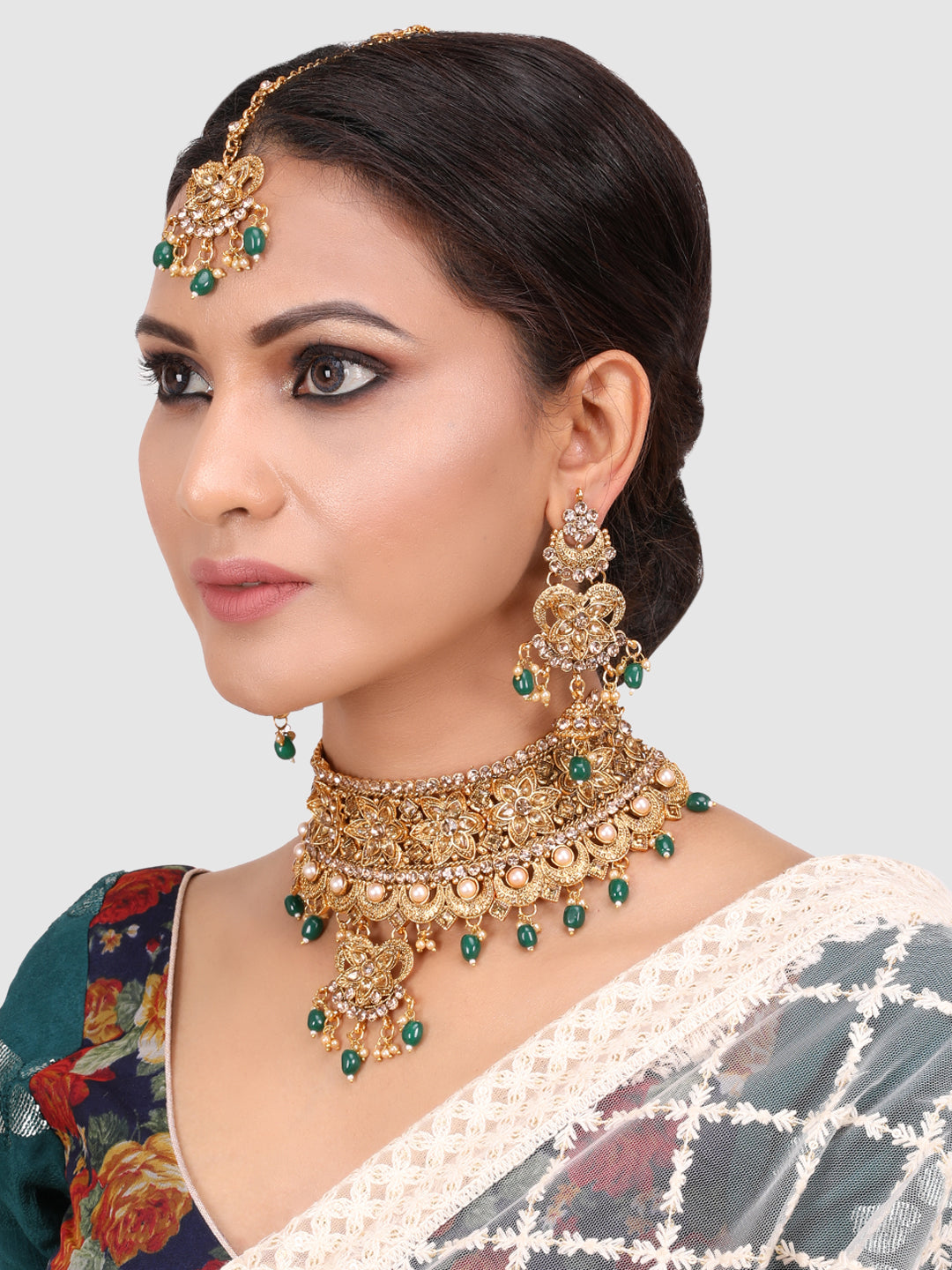 PENNY JEWELS Gold Plated Bridal Green Beads Choker with Designer Jhumka & Maangtika