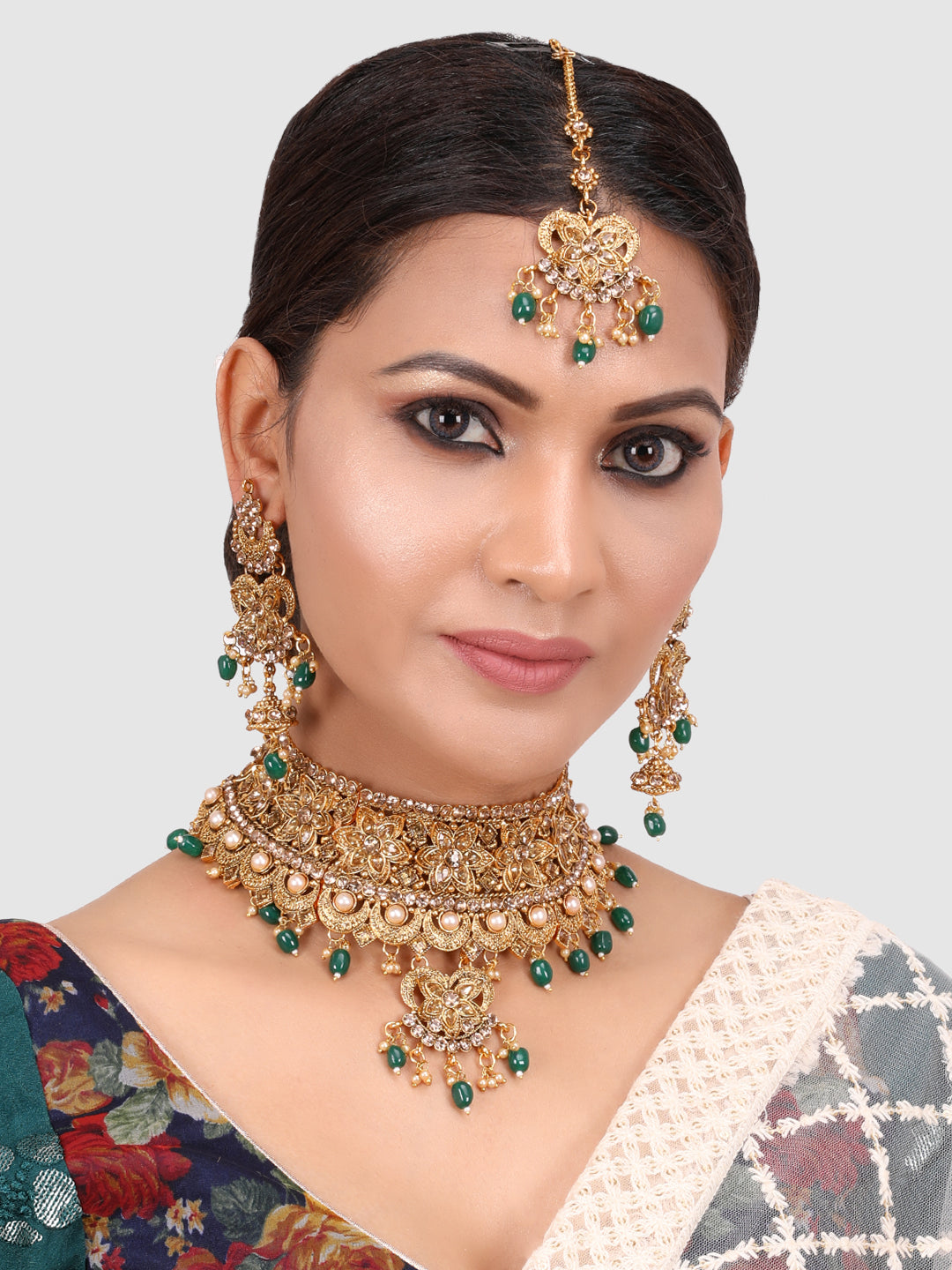 PENNY JEWELS Gold Plated Bridal Green Beads Choker with Designer Jhumka & Maangtika