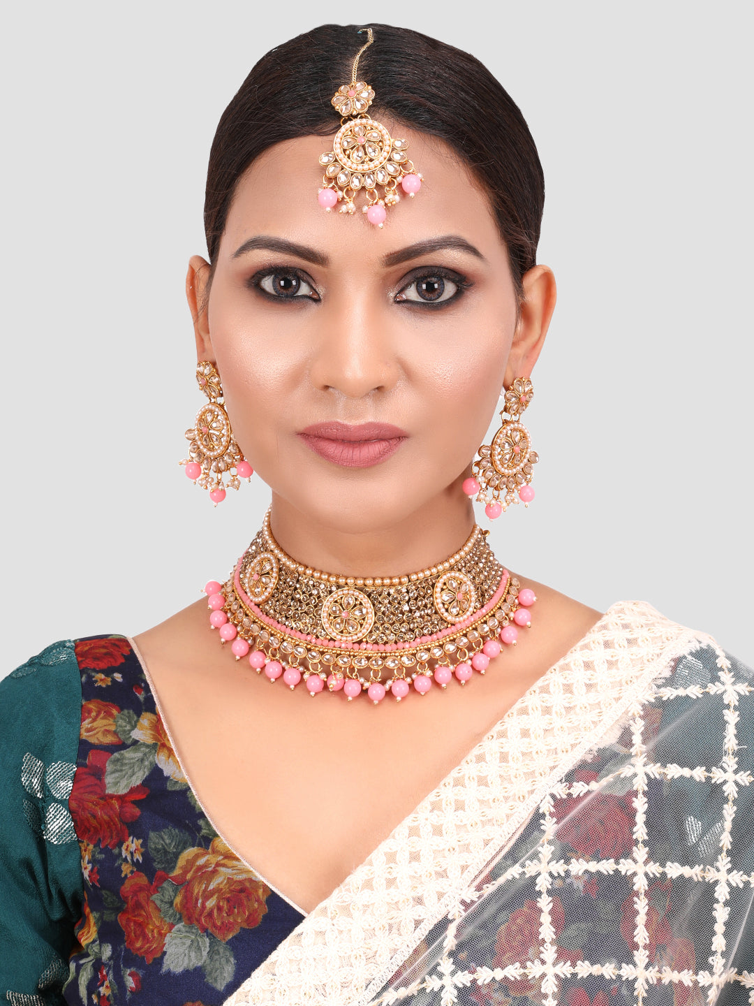 Pink & Gold-Plated Floral Stone Studded Jewellery Set