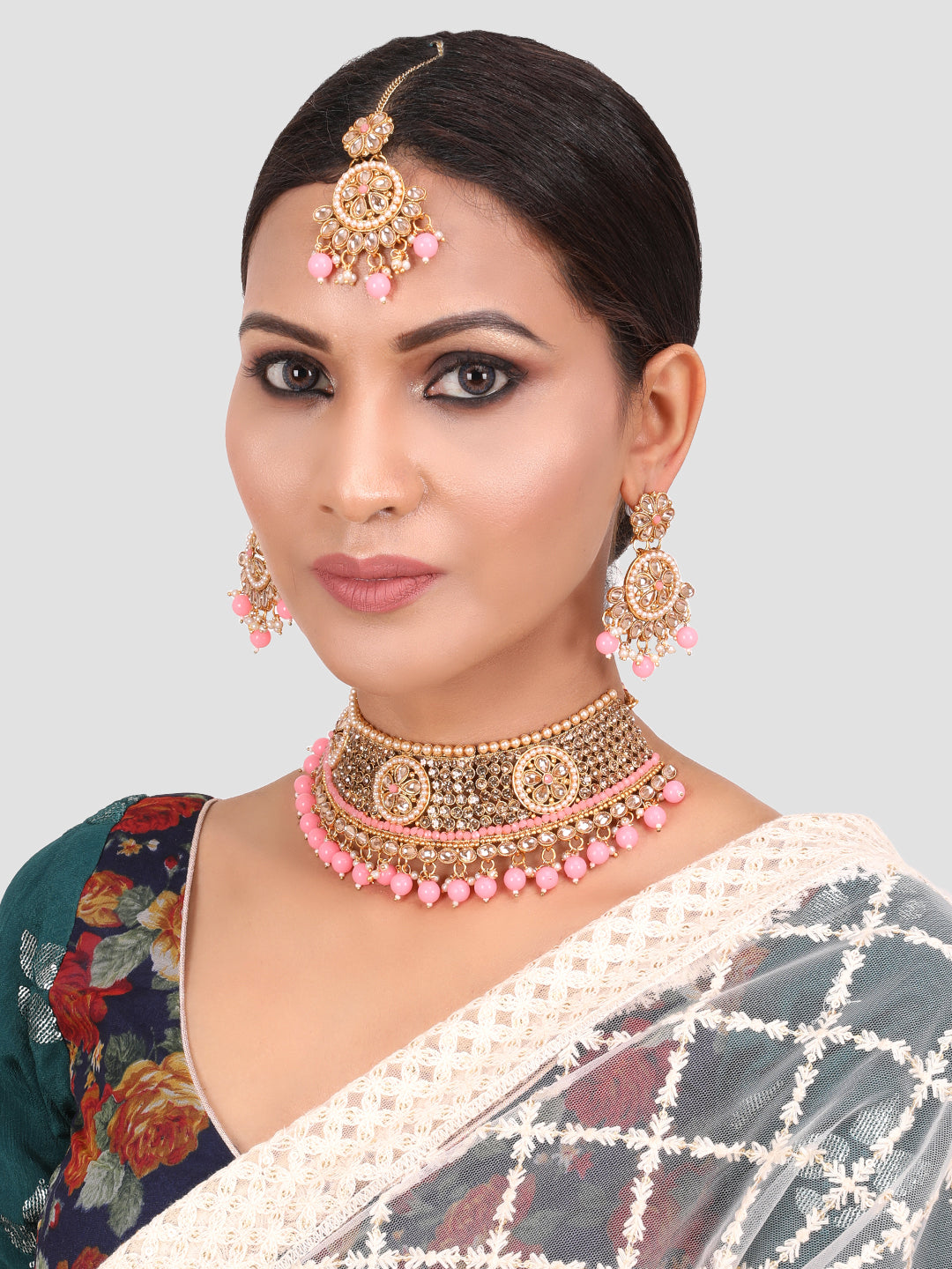 Pink & Gold-Plated Floral Stone Studded Jewellery Set