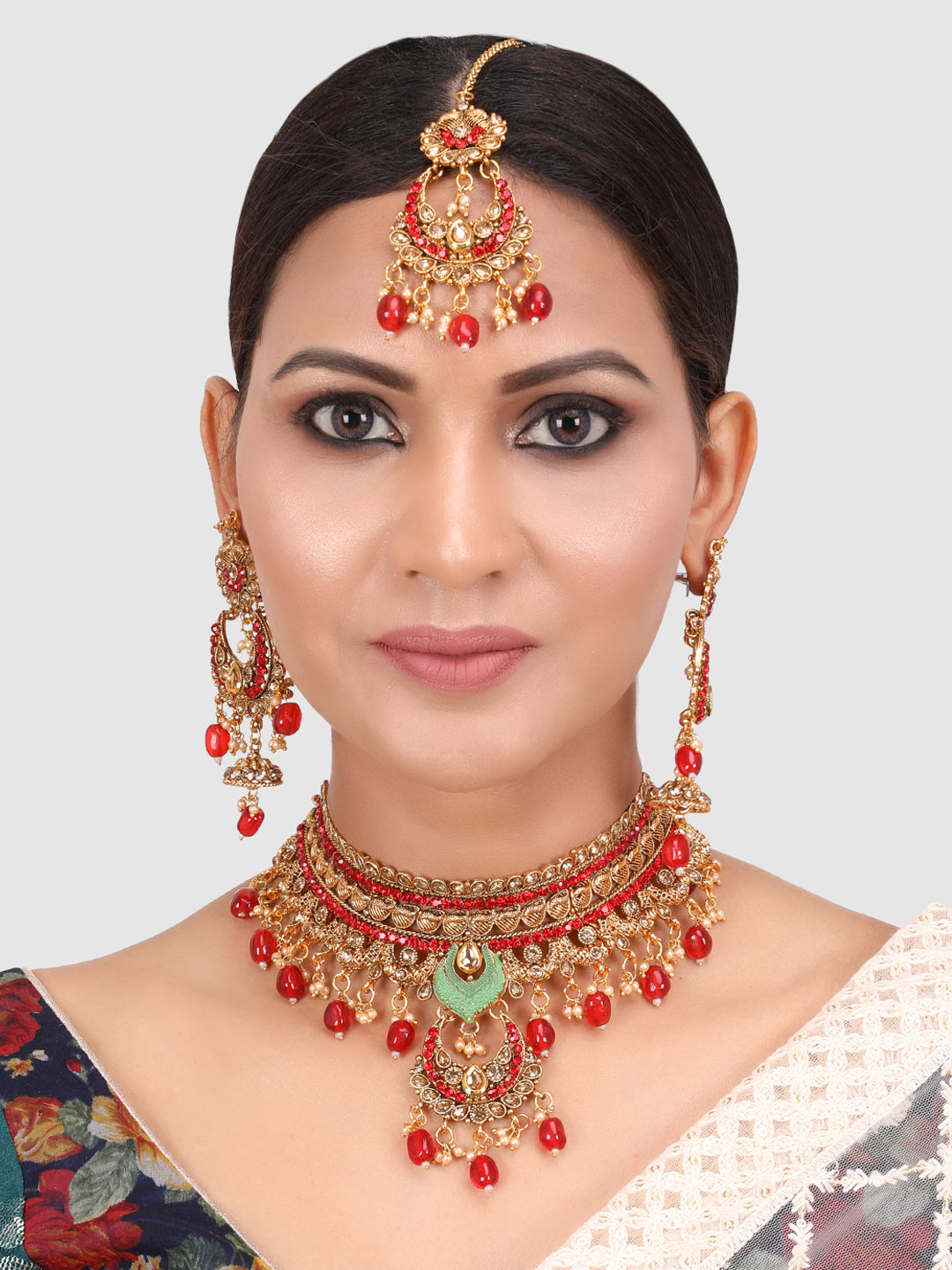 Gold-Toned & Red Stone-Studded Jewellery Set