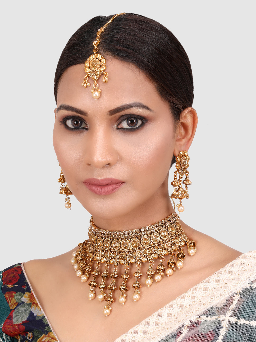 Gold-Plated Stone-Studded Traditional Floral Jewellery Set