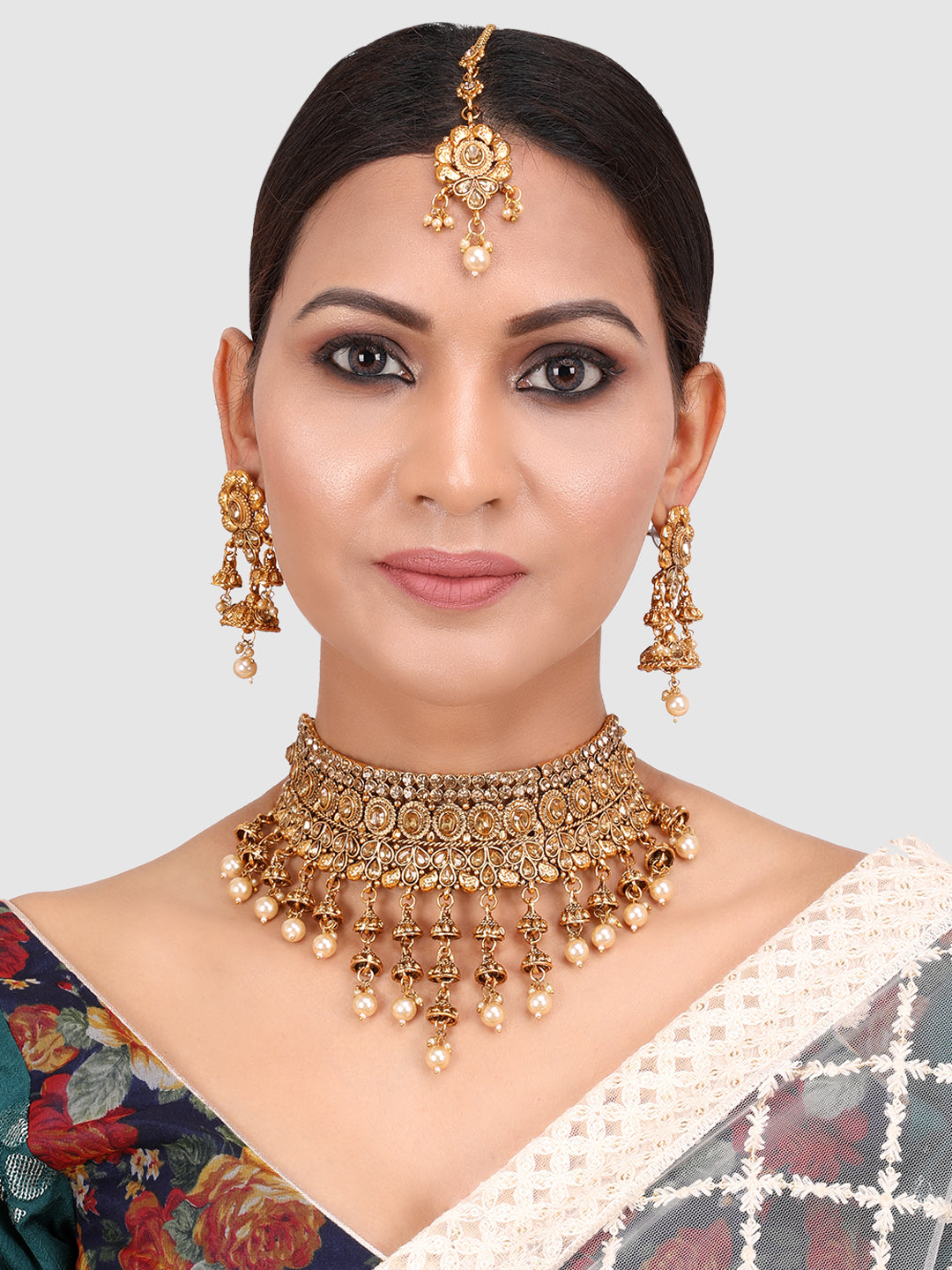 Gold-Plated Stone-Studded Traditional Floral Jewellery Set