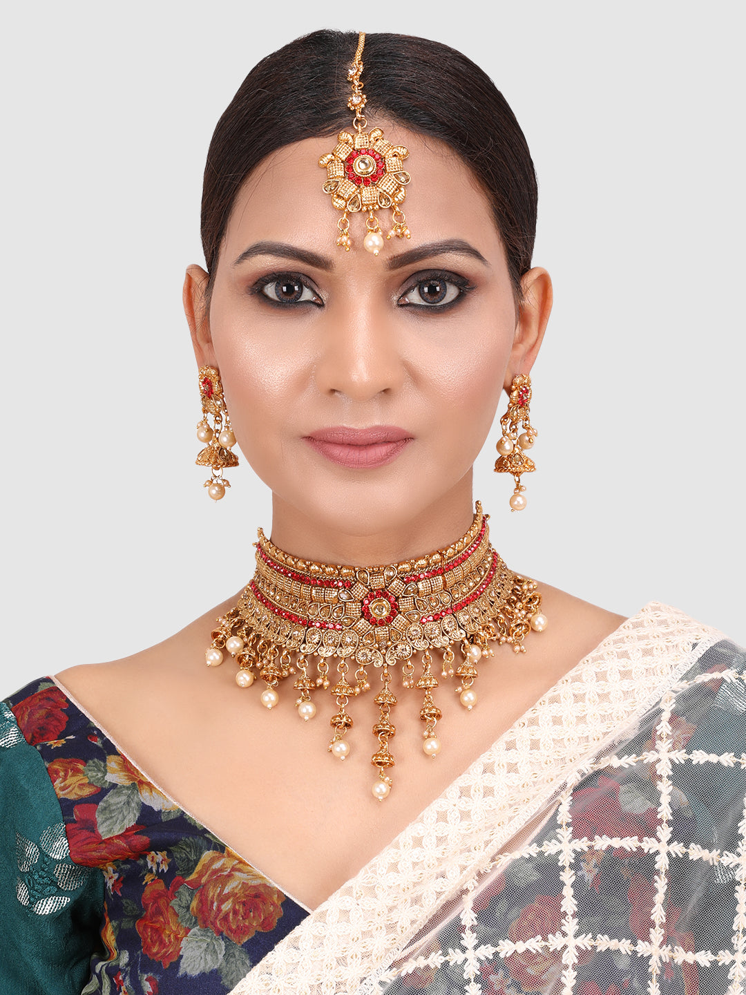 Gold Plated Floral Red Stone Studded Choker Set with Earrings & Maangtika
