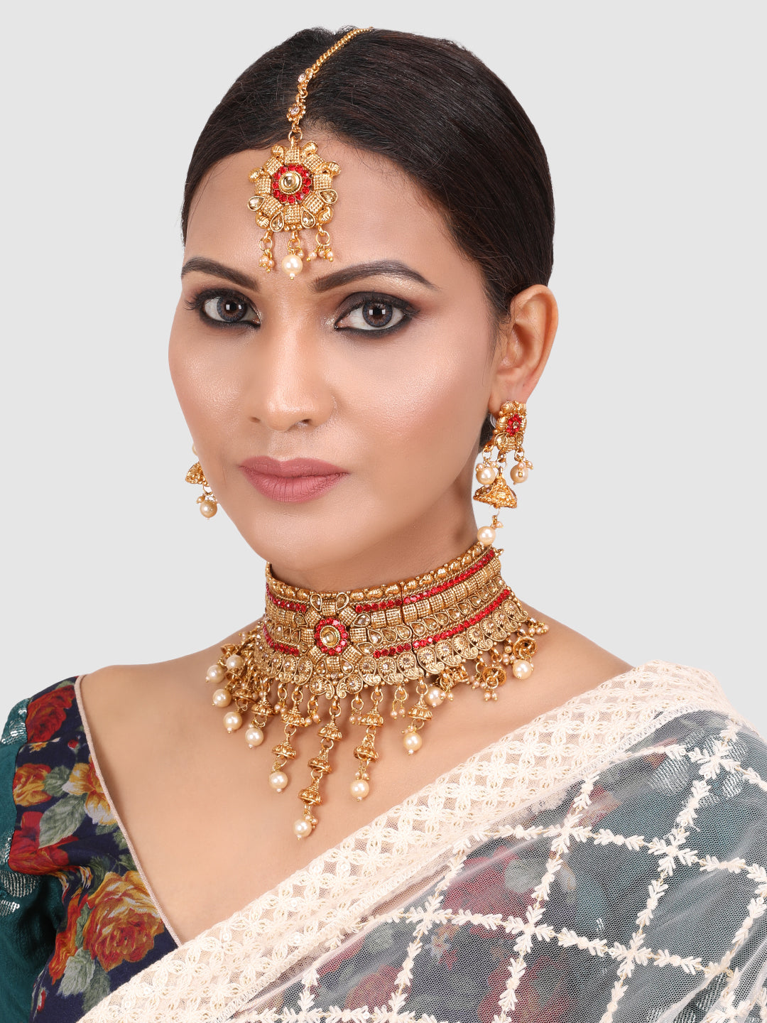 Gold Plated Floral Red Stone Studded Choker Set with Earrings & Maangtika