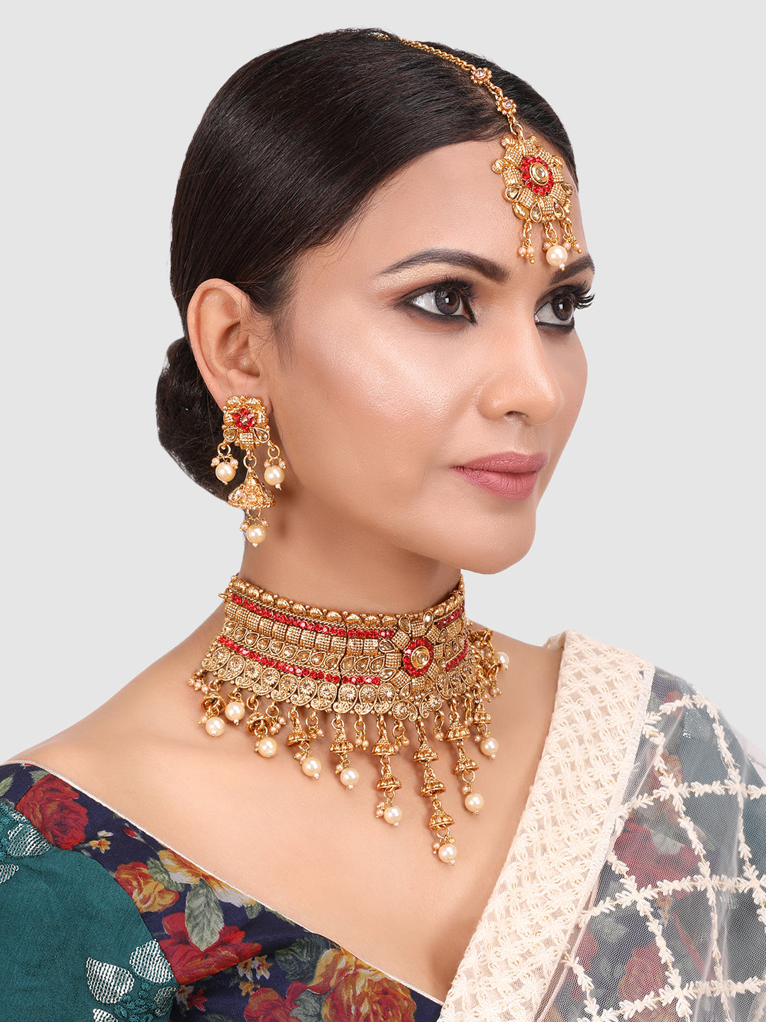 Gold Plated Floral Red Stone Studded Choker Set with Earrings & Maangtika