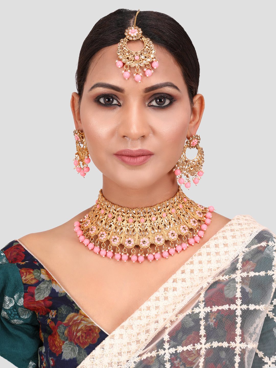 Pink Gold Plated Stone Studded Jewellery Set