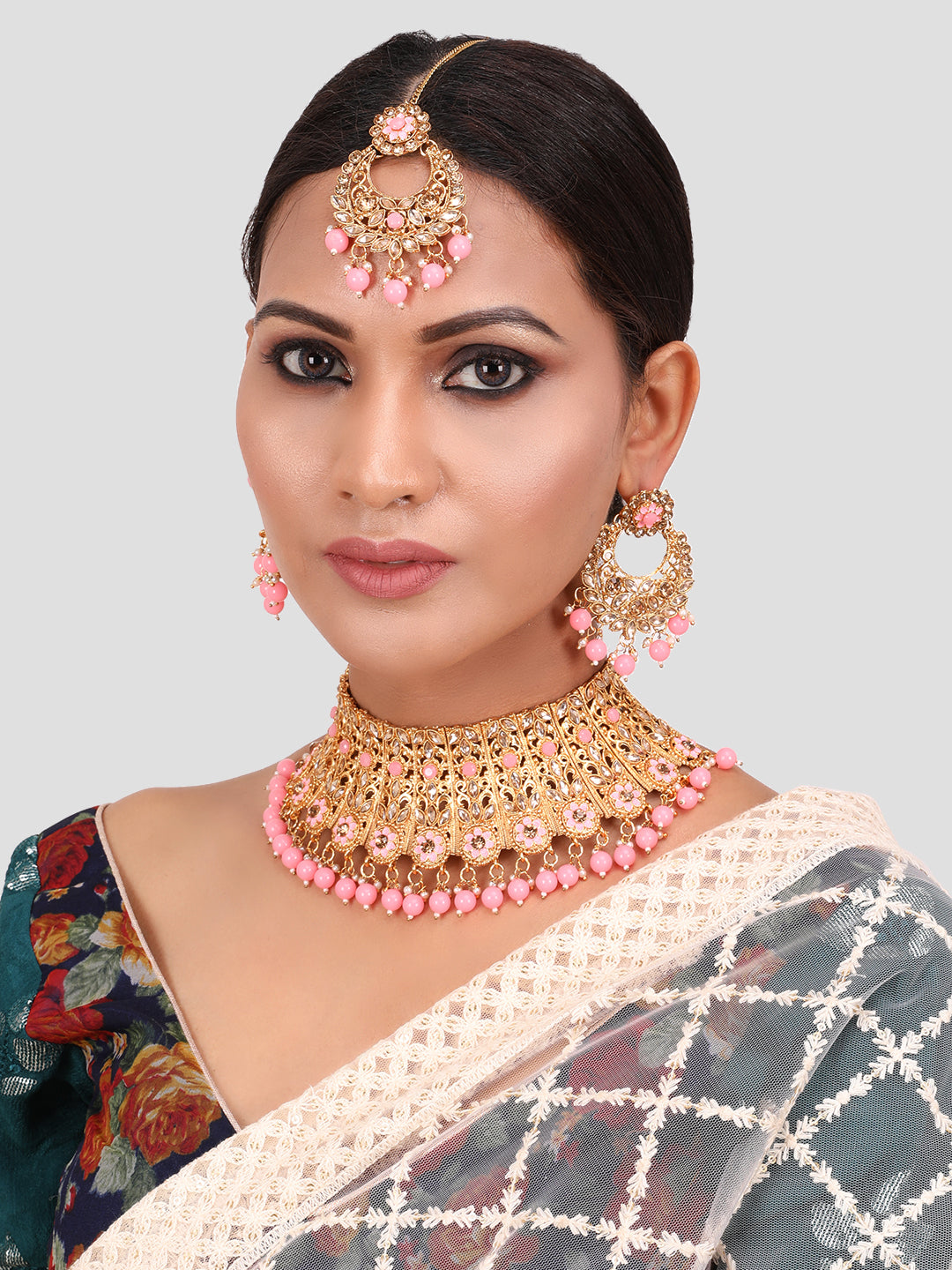 Pink Gold Plated Stone Studded Jewellery Set