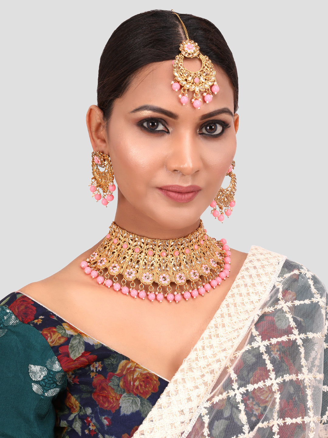Pink Gold Plated Stone Studded Jewellery Set