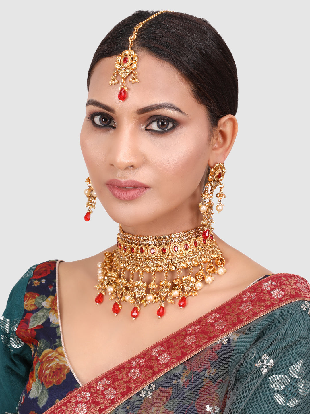 Red & Gold-Toned Stone Studded Choker Set with Maangtika