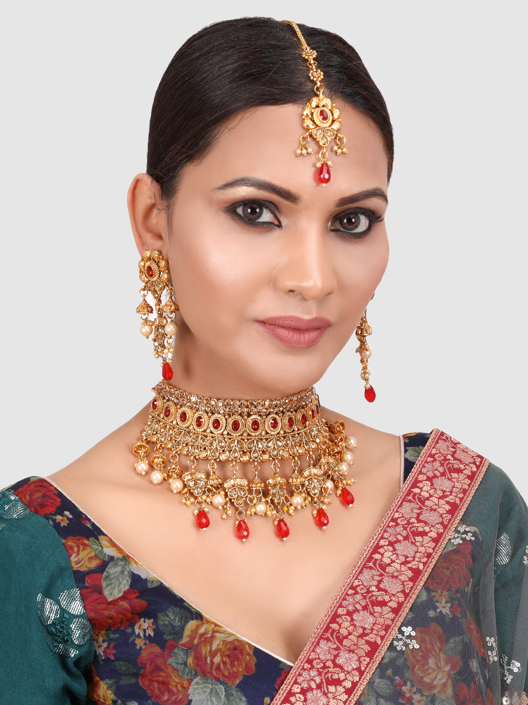 Red & Gold-Toned Stone Studded Choker Set with Maangtika