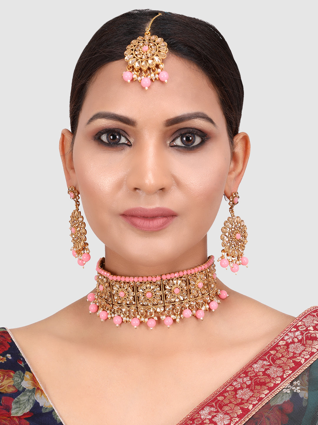 Pink Gold Plated Stone Studded Jewellery Set