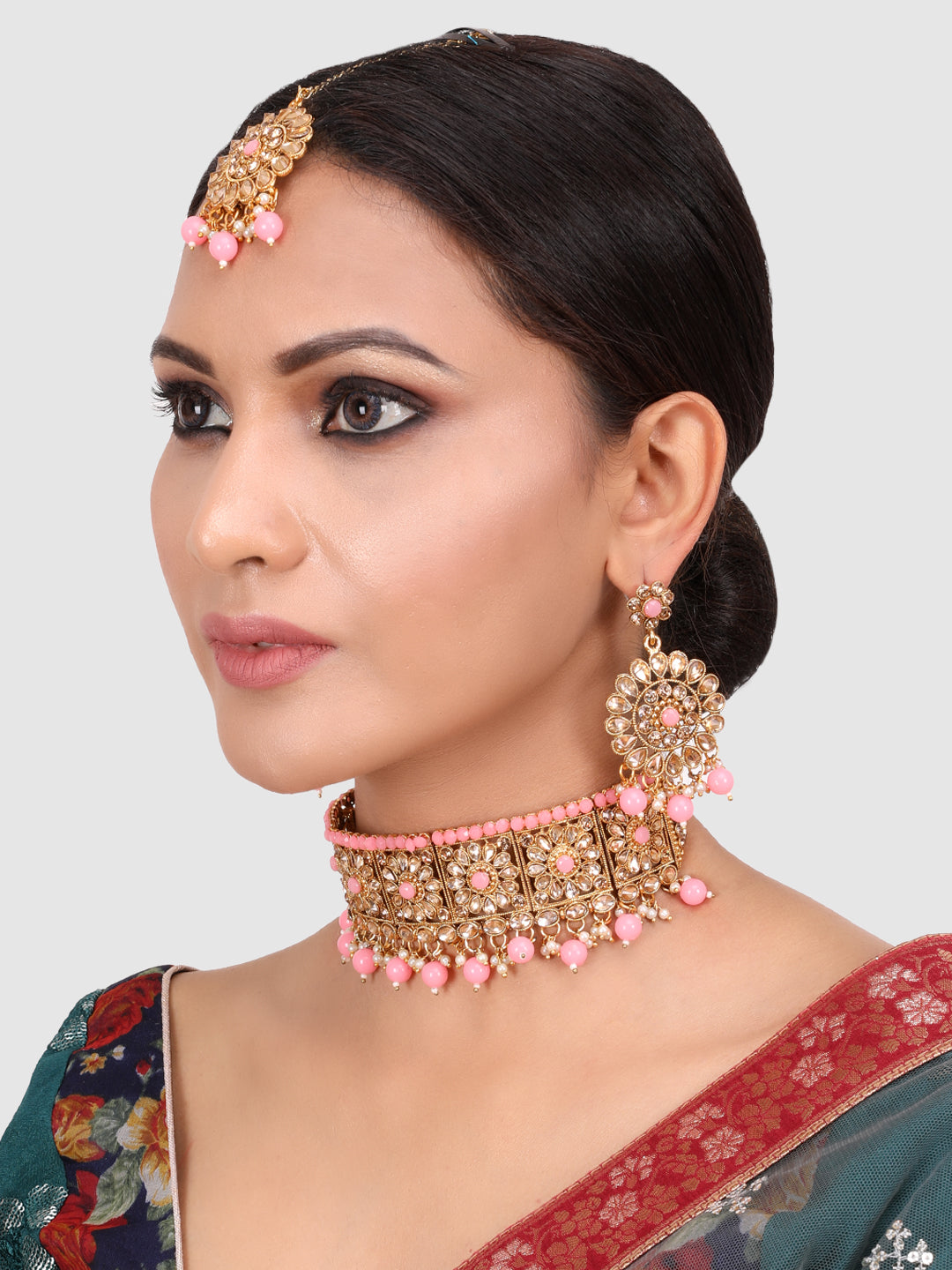 Pink Gold Plated Stone Studded Jewellery Set