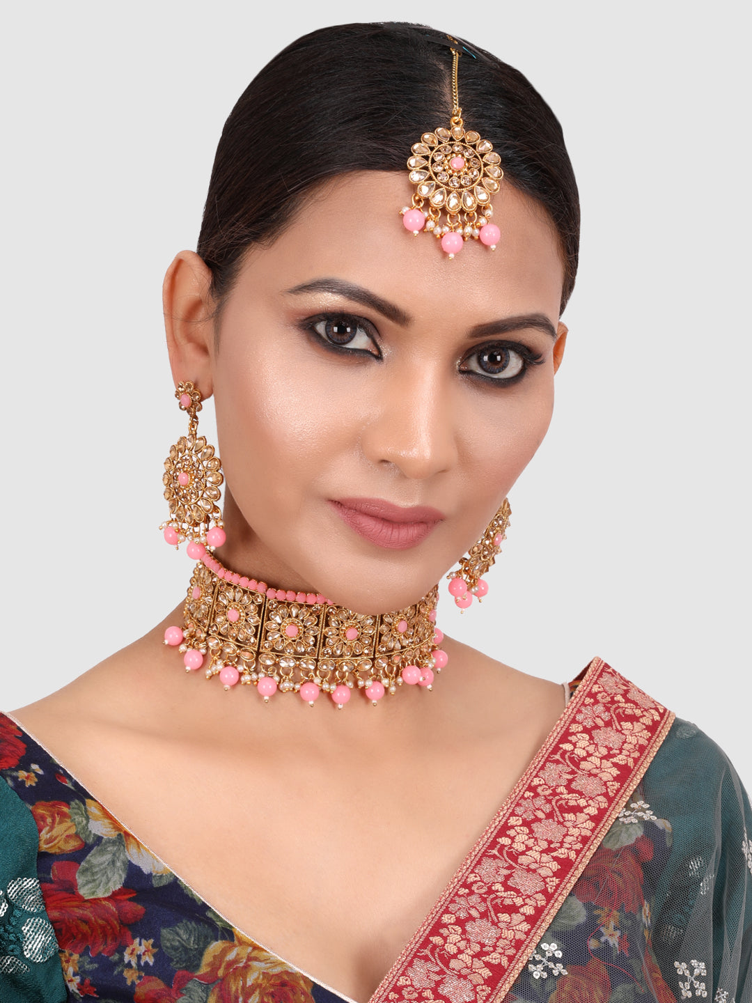 Pink Gold Plated Stone Studded Jewellery Set