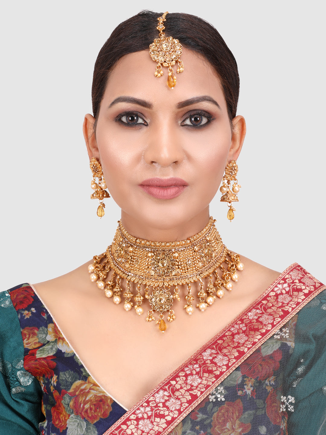 Traditional Gold Plated Floral Stone Studded Choker Set