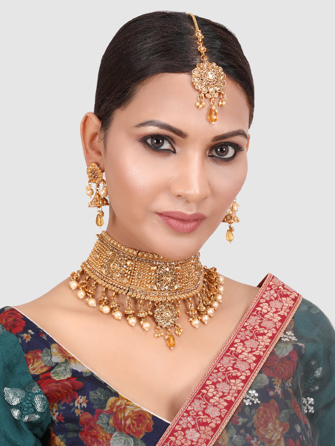 Traditional Gold Plated Floral Stone Studded Choker Set