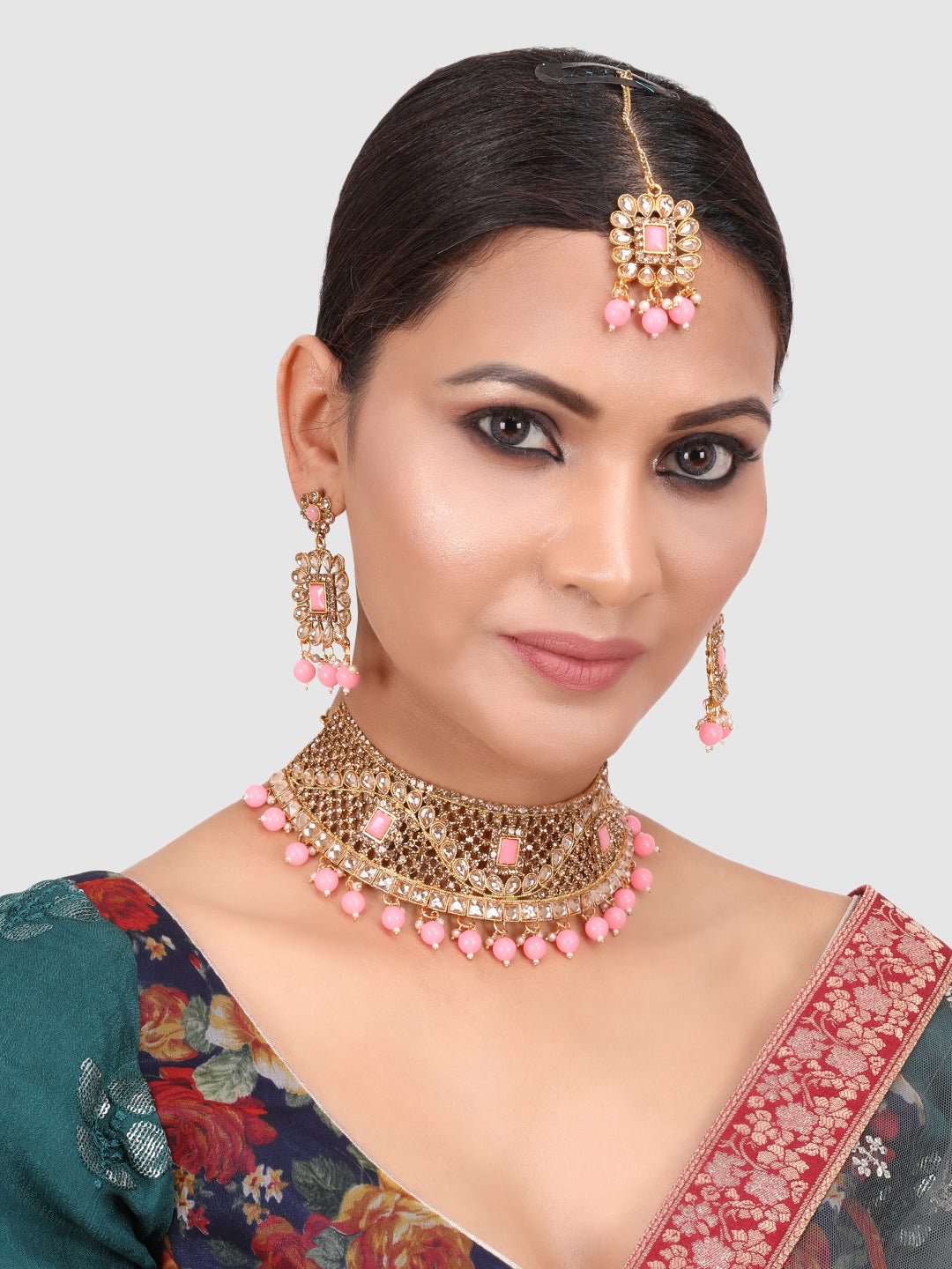 Gold-Toned & Pink Stone-Studded Choker Jewellery Set