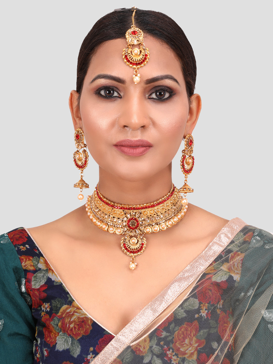 Gold -Toned & Red Floral Stone Studded Choker Set