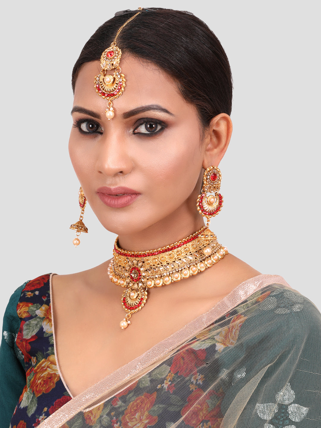 Gold -Toned & Red Floral Stone Studded Choker Set