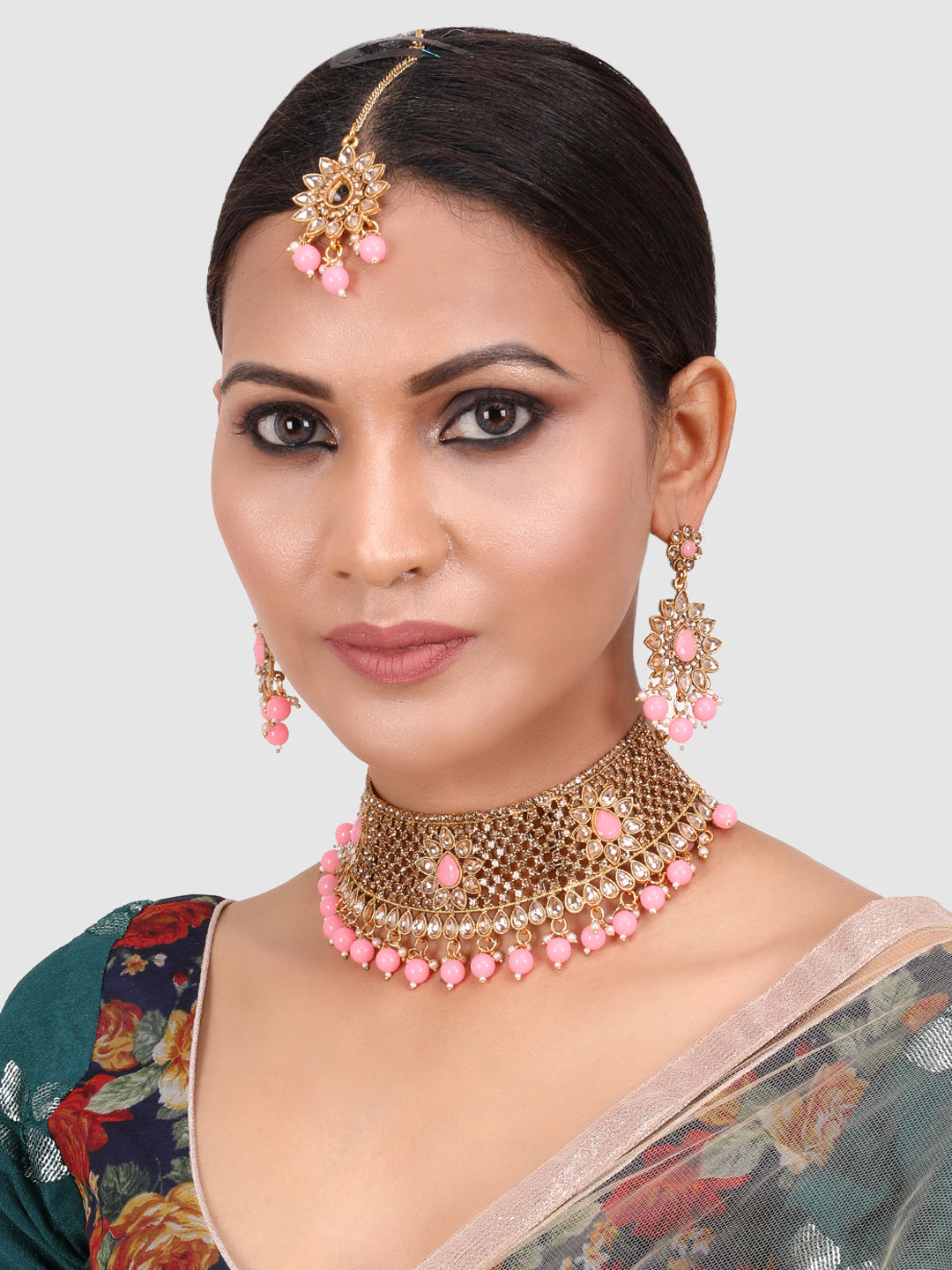 Gold Plated White & Pink Kundan Studded & Beaded Jewellery Set