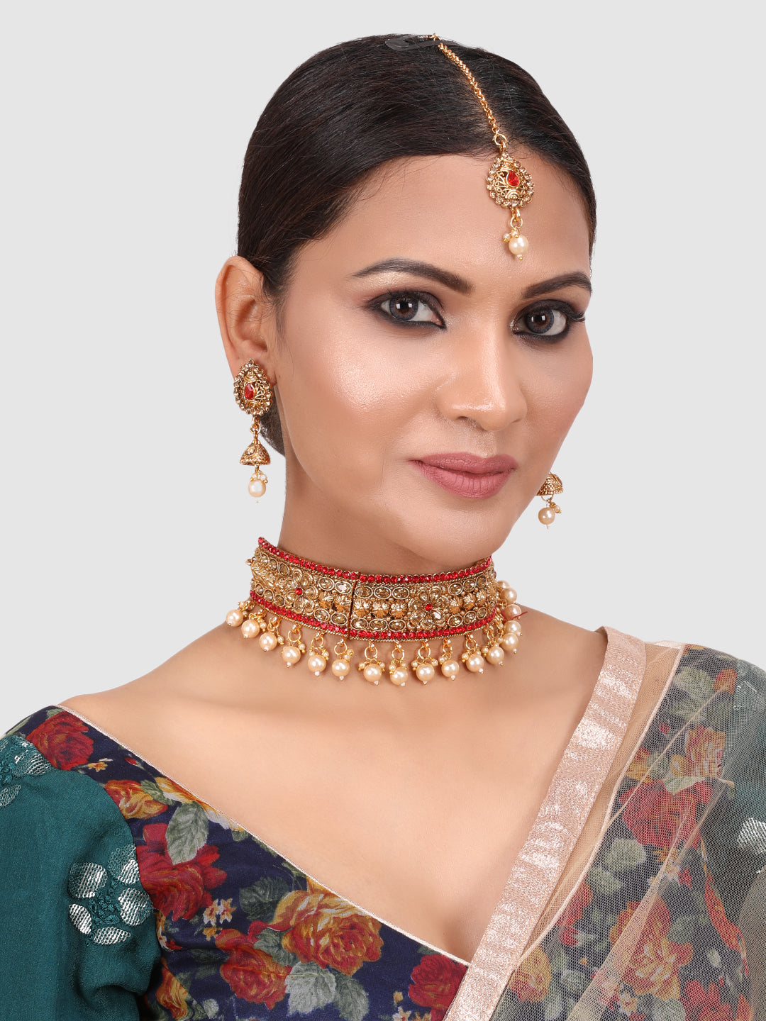 Gold-Plated & Red Kundan Studded Jewellery Set
