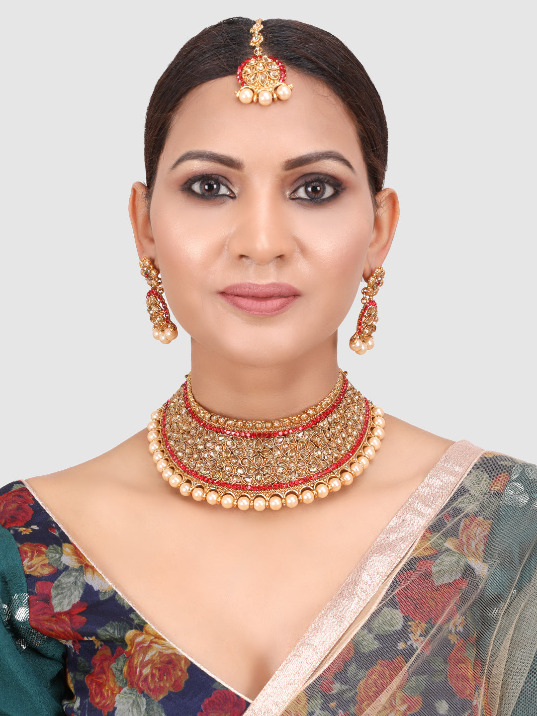 Red & Gold Toned Gold Plated Bridal Kundan Studded Choker Set