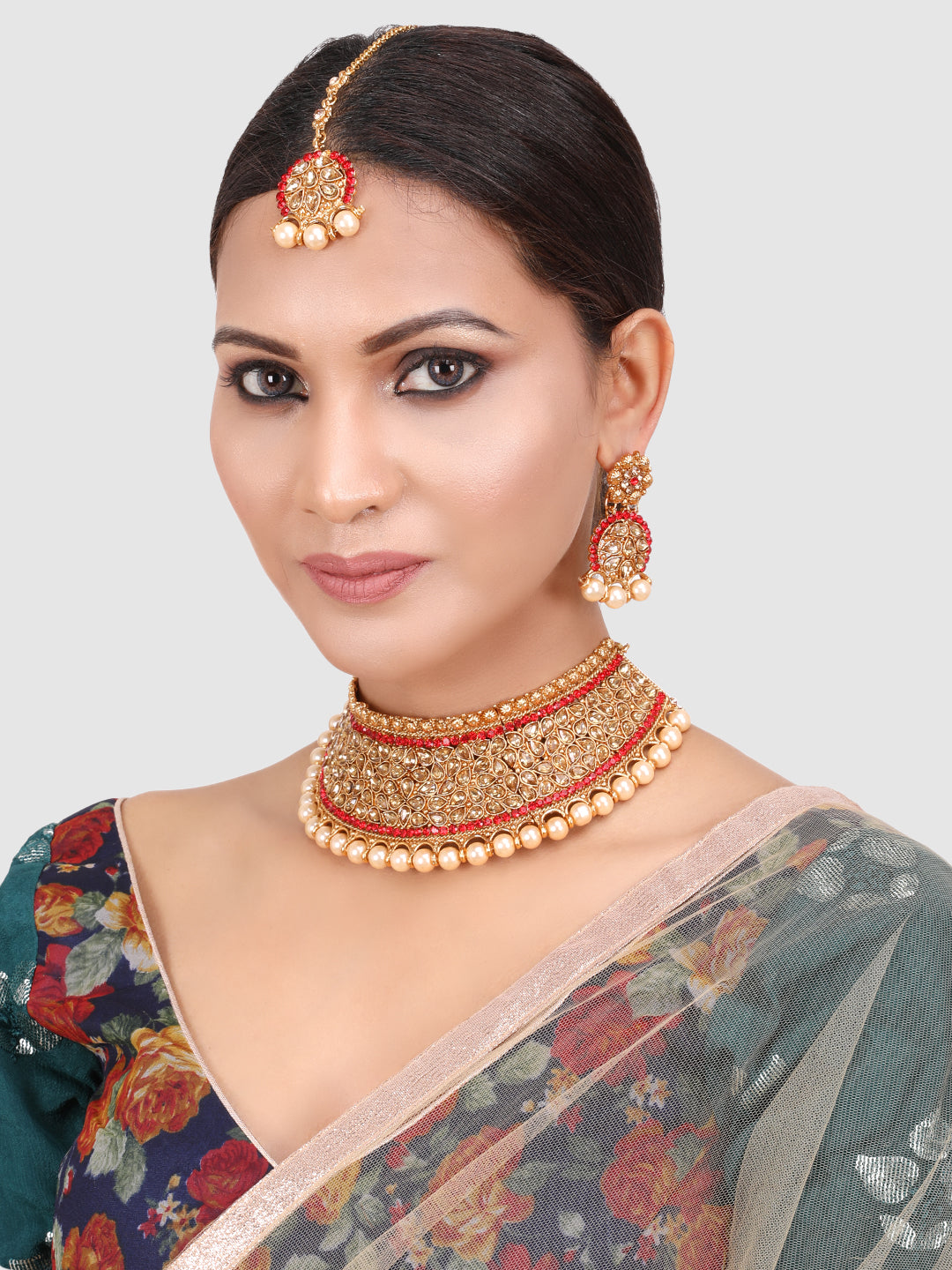 Red & Gold Toned Gold Plated Bridal Kundan Studded Choker Set