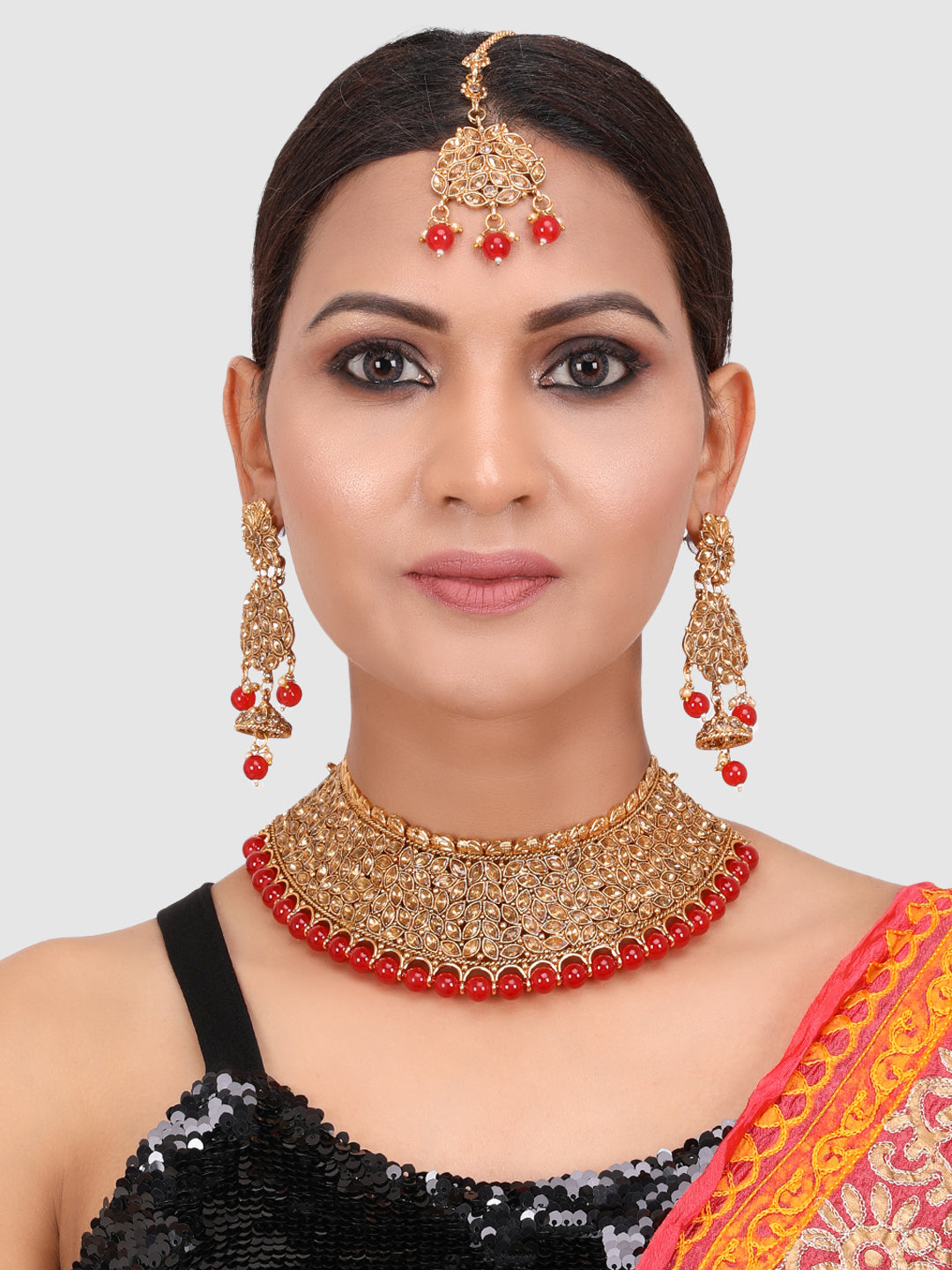 Gold-Plated & Red Stone Studded Choker Set