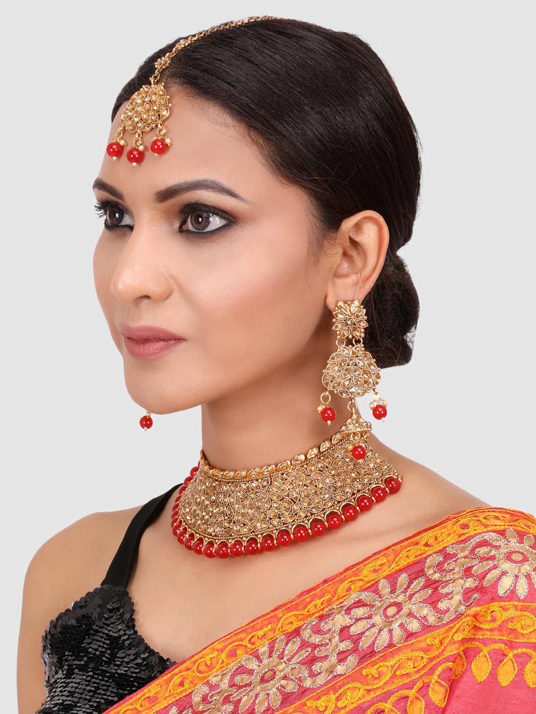 Gold-Plated & Red Stone Studded Choker Set