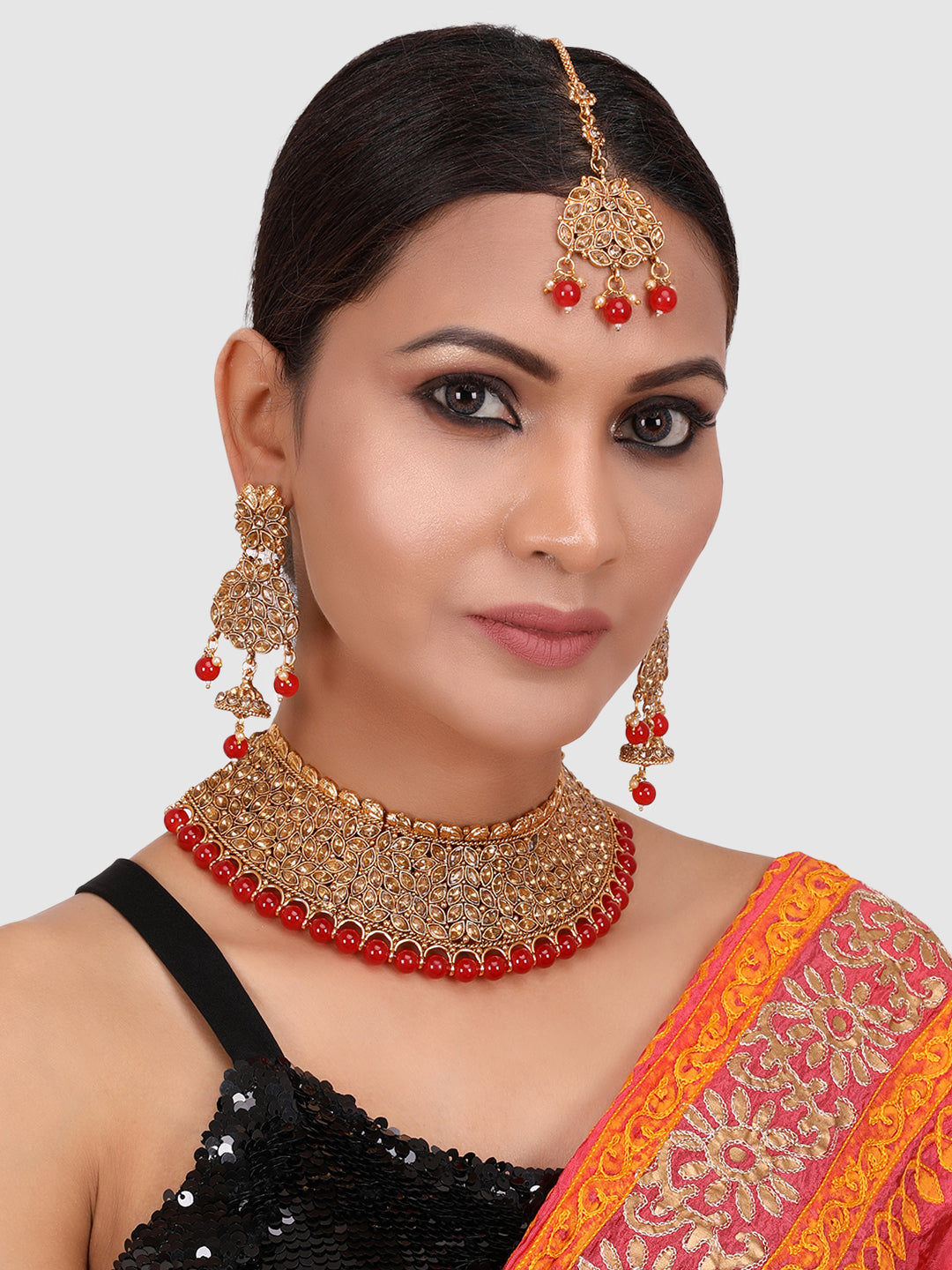 Gold-Plated & Red Stone Studded Choker Set