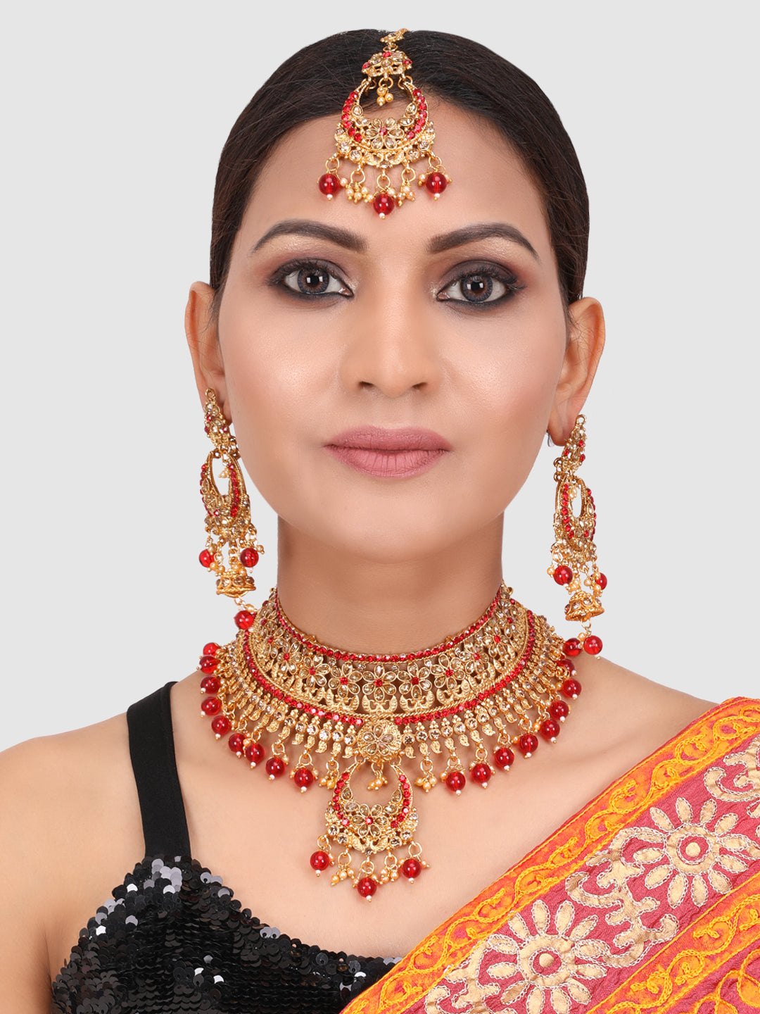 Gold Toned & Red Brass Gold Plated Choker Set With Earrings & Maangtika