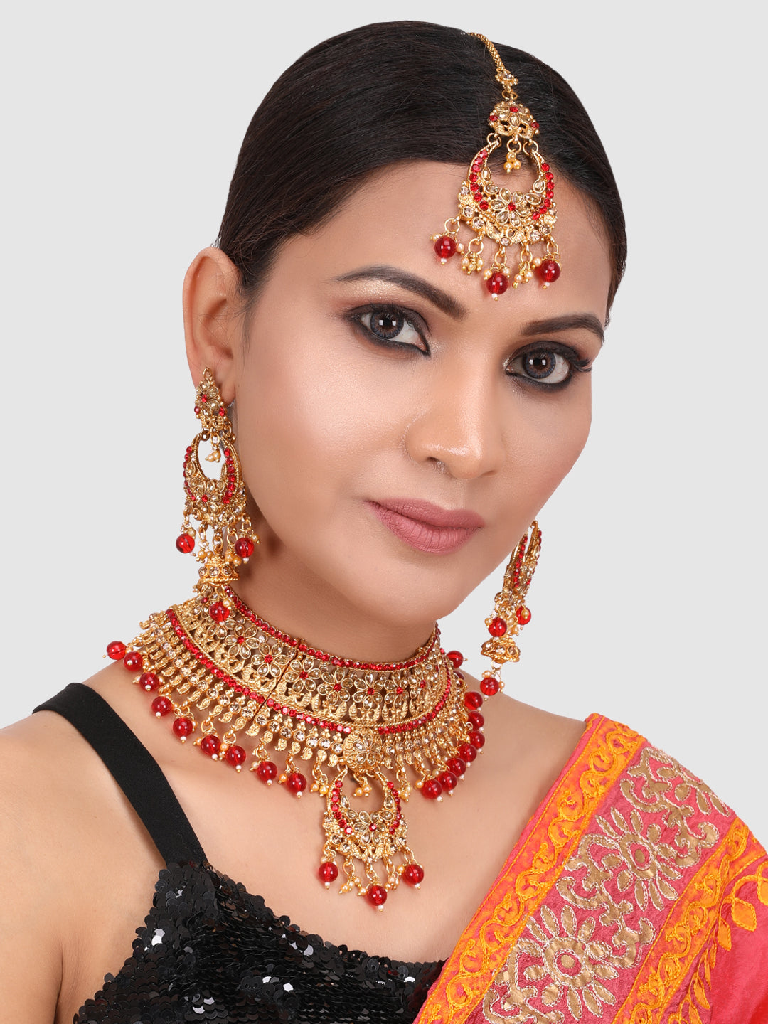 Gold Toned & Red Brass Gold Plated Choker Set With Earrings & Maangtika