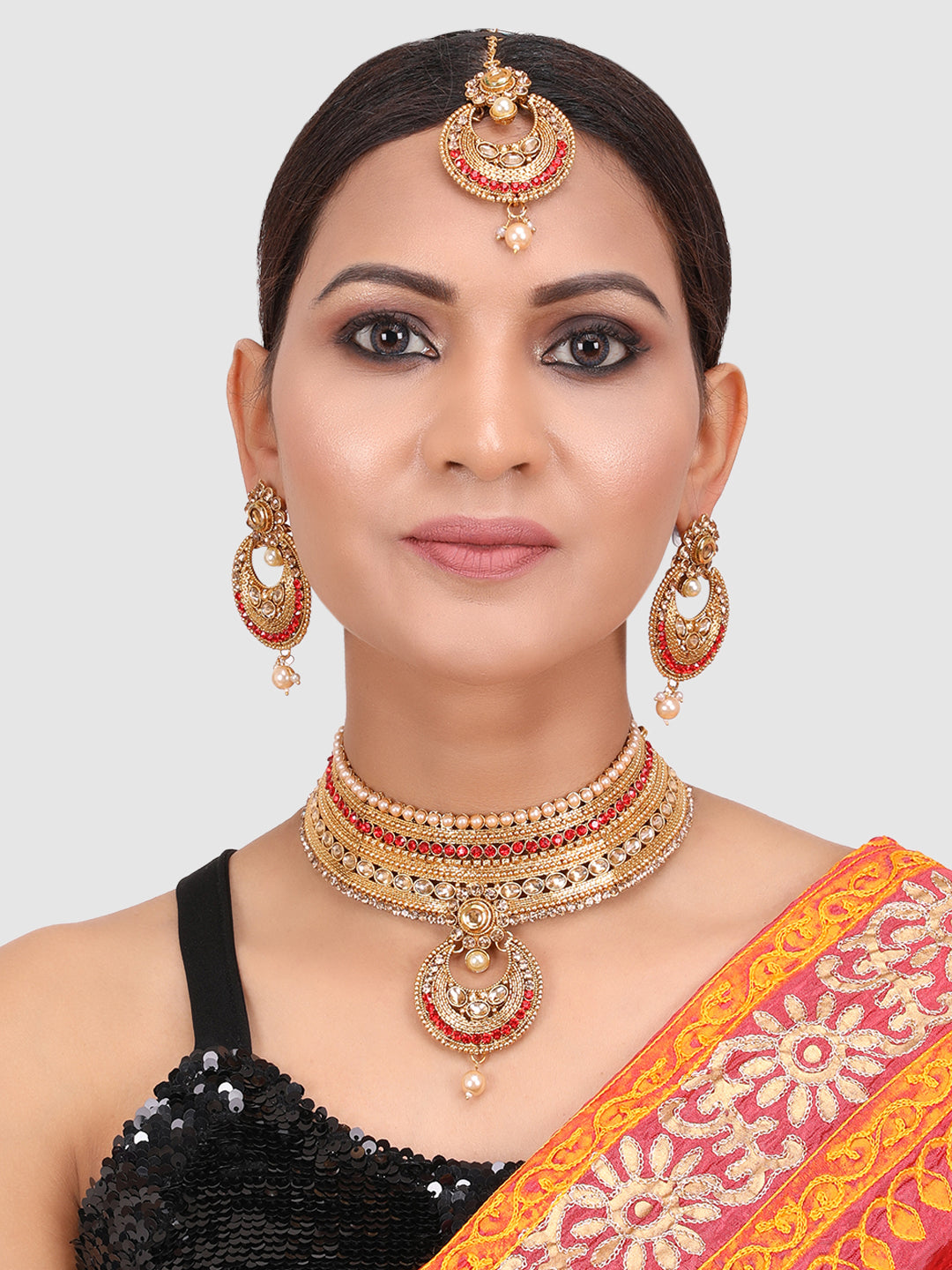 Gold-Plated & Red Stone Studded Choker Set