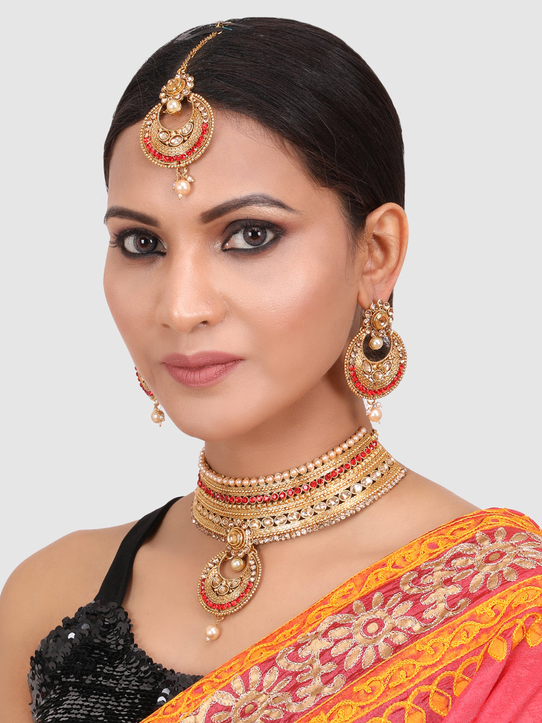 Gold-Plated & Red Stone Studded Choker Set