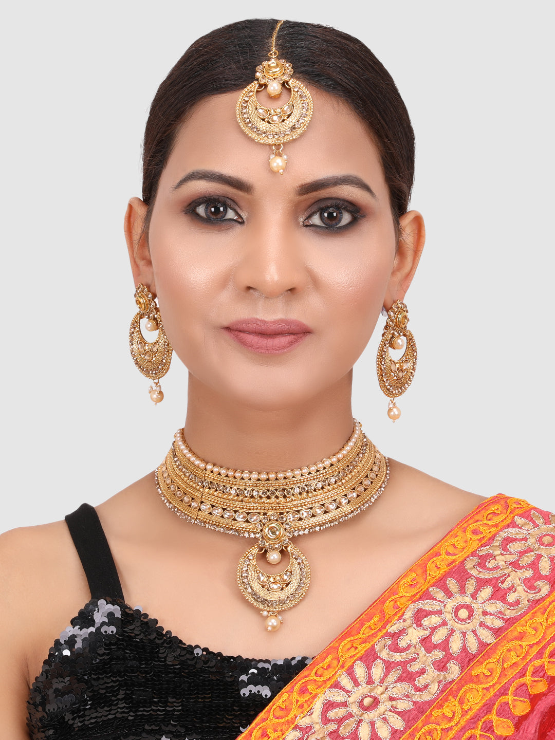 Gold-Plated Floral Stone-Studded Traditional Jewellery Set